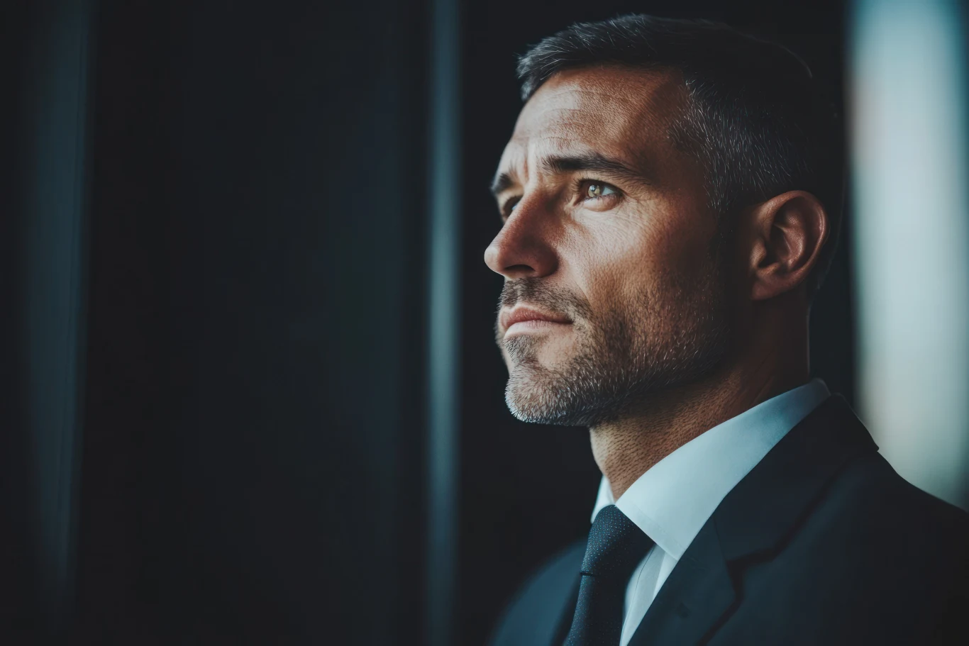 Imiona męskie, które kryją w sobie niesamowitą moc Elegancki mężczyzna w garniturze z krótkimi włosami i zarostem patrzy poważnie w bok, oświetlony delikatnym światłem padającym z boku, w tle rozmyte ciemne wnętrze biura.