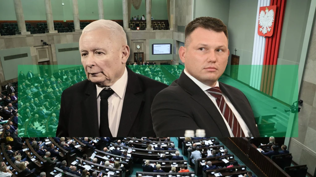 Nowy Sondaż. Spada poparcie dla PiS i Konfederacji Dwóch mężczyzn w garniturach na tle sali obrad sejmu, elegancko ubrani, skupieni, obok polska flaga i godło narodowe