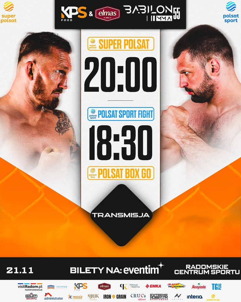Dwóch umięśnionych mężczyzn w pozycji do walki sportowej spogląda na siebie z determinacją, po środku planszy godziny oraz kanały transmisji wydarzenia sportowego, logotypy partnerów, informacja o miejscu i dacie wydarzenia.