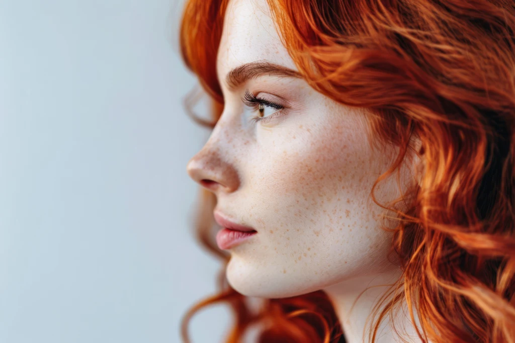 Los je uwielbia. Kobiety spod tych znaków doświadczają rzeczy, które innym się nie zdarzają Młoda kobieta o rudych, falowanych włosach i delikatnych piegach na jasnej cerze, sfotografowana z profilu na neutralnym tle.