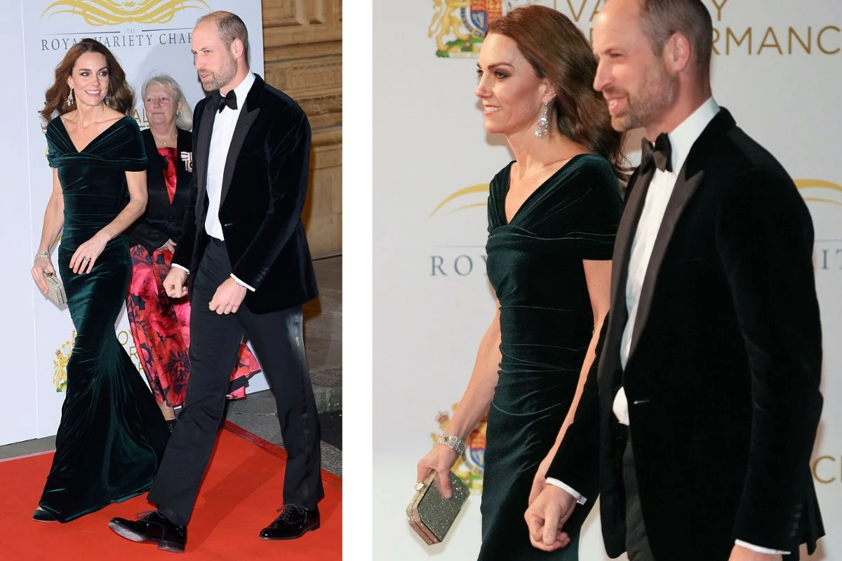 Para w eleganckich wieczorowych strojach idąca po czerwonym dywanie, kobieta w zielonej sukni trzyma torebkę, mężczyzna ubrany w czarną marynarkę i muchę, w tle starsza kobieta oraz złote dekoracje wydarzenia.