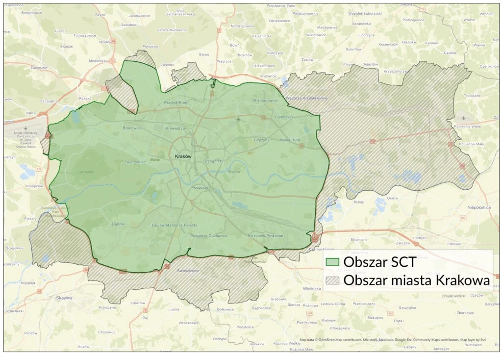Obszar SCT w Krakowie. | Fot. ztp.krakow Mapa z zaznaczonym obszarem SCT na tle miasta Krakowa, z wyraźnie oznaczoną granicą miasta oraz legendą wyjaśniającą kolory pól.