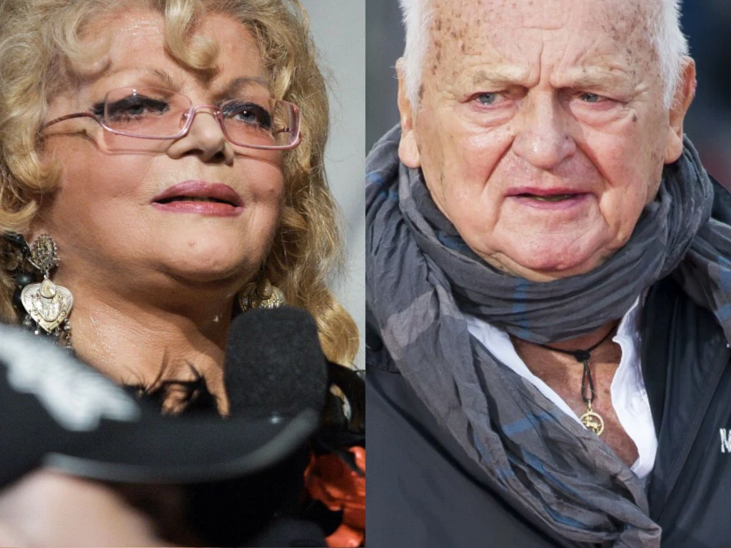 Dwie starsze osoby, kobieta i mężczyzna, sfotografowane z bliska na podzielonym ekranie, każde patrzy w inną stronę; kobieta w okularach i ozdobnych kolczykach, mężczyzna w szarym szalu.