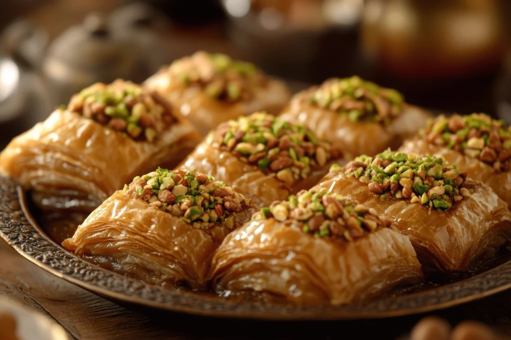 Domowa baklawa zachwyca smakiem Porcja baklawy z warstwami chrupiącego ciasta filo, polana syropem i obficie posypana posiekanymi pistacjami, ułożona na ozdobnym metalowym talerzu.