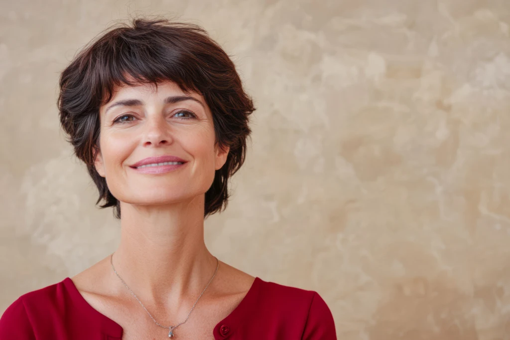 Kobieta o krótkich, brązowych włosach i jasnych oczach uśmiecha się subtelnie, ubrana w bordową bluzkę, na jasnym, neutralnym tle.