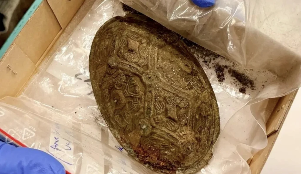 Detektorysta znalazł broszę. To był początek niezwykłego odkrycia Owalna, bogato zdobiona fibula z motywami geometrycznymi, umieszczona w plastikowym opakowaniu ochronnym, trzymana przez osobę w niebieskich rękawiczkach, najwyraźniej podczas prac konserwatorskich.