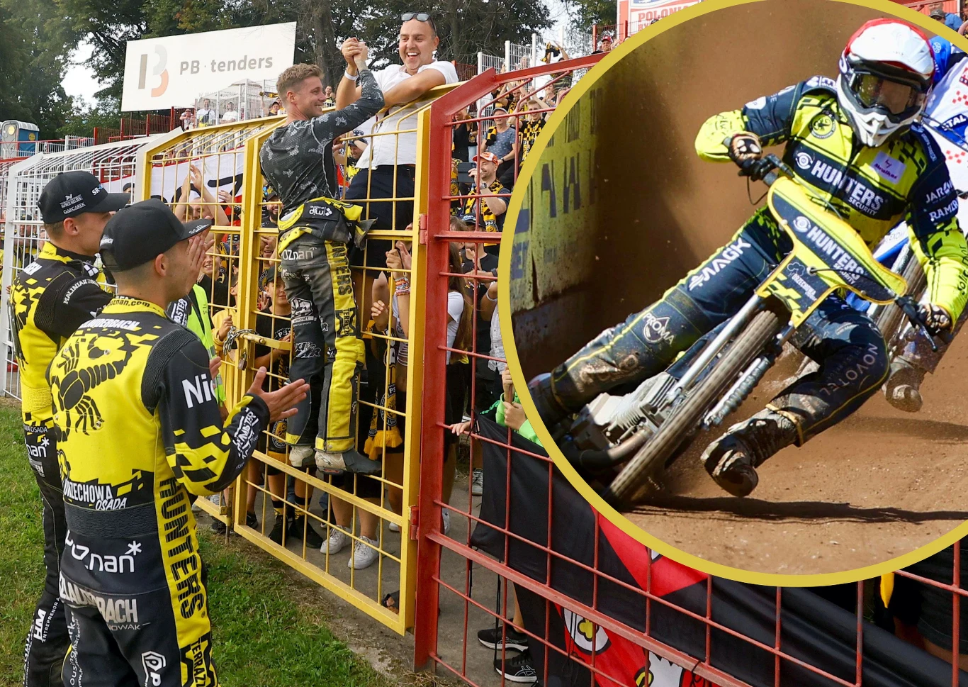 Zawodnicy drużyny żużlowej ubrani w żółto-czarne kombinezony gratulują sobie i wchodzą w interakcję z kibicami przez ogrodzenie. Po prawej stronie zdjęcia okrągłe powiększenie jednego z żużlowców w trakcie dynamicznej jazdy na torze, podkreślające emoc...