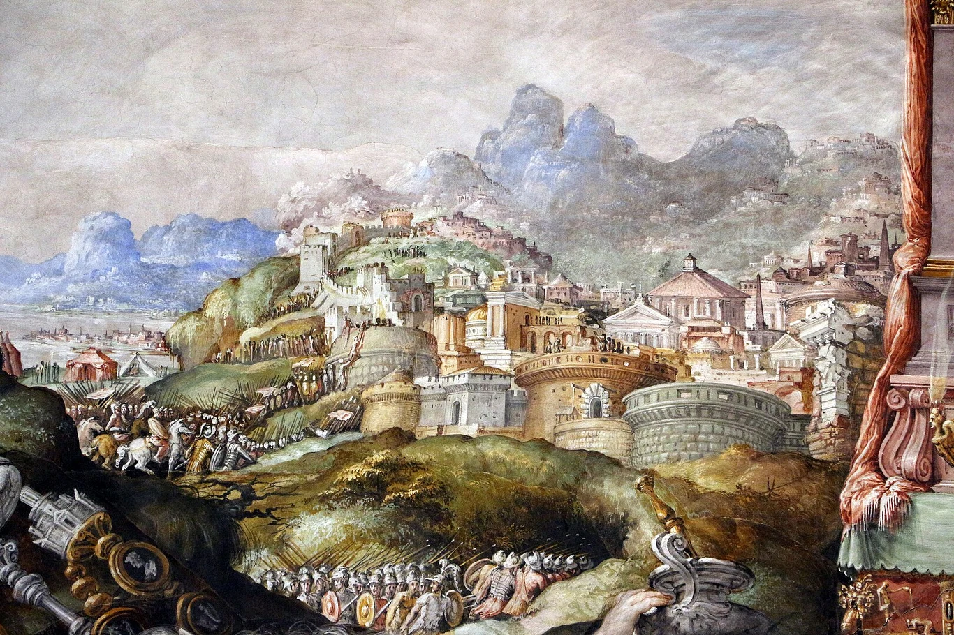 Weje upadły podczas oblężenia dowodzonego przez Marka Furiusza Kamillusa. Dziś badacze odkrywają pozostałości miasta, w tym podziemny system tuneli. Panorama starożytnego miasta otoczonego murami, z licznymi budowlami i wieżami. Wokół fortyfikacji zgromadzone są liczne grupy żołnierzy i wojska, widoczne są elementy uzbrojenia i sztandary. W tle widoczne malownicze wzgórza oraz pozostałości większyc...