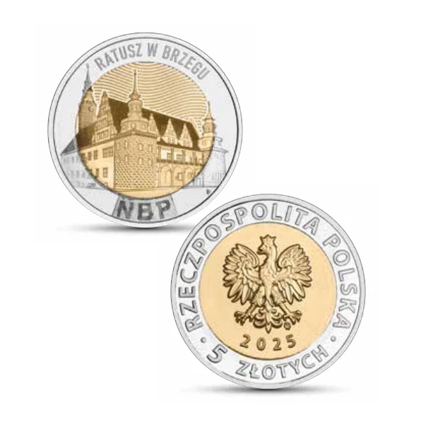 Dwie strony monety pięciozłotowej, z jednej strony wizerunek ratusza miejskiego w Brzegu z napisem „RATUSZ W BRZEGU” i skrótem NBP, z drugiej strony orzeł biały oraz napisy „RZECZPOSPOLITA POLSKA”, „2025” i „5 ZŁOTYCH”.