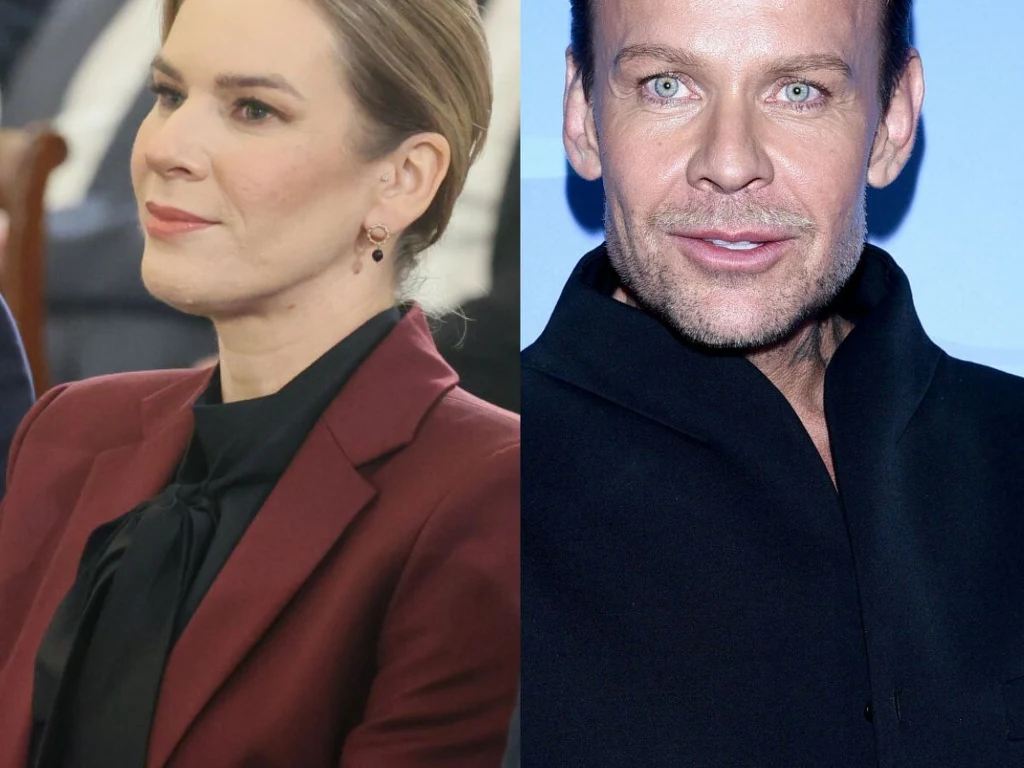 Po lewej kobieta - Marta Nawrocka - w bordowej marynarce i czarnej bluzce, z delikatnym makijażem i spiętymi włosami, po prawej mężczyzna - Dawid Woliński - z jasnymi oczami w ciemnym płaszczu, z krótkimi włosami i lekkim uśmiechem.