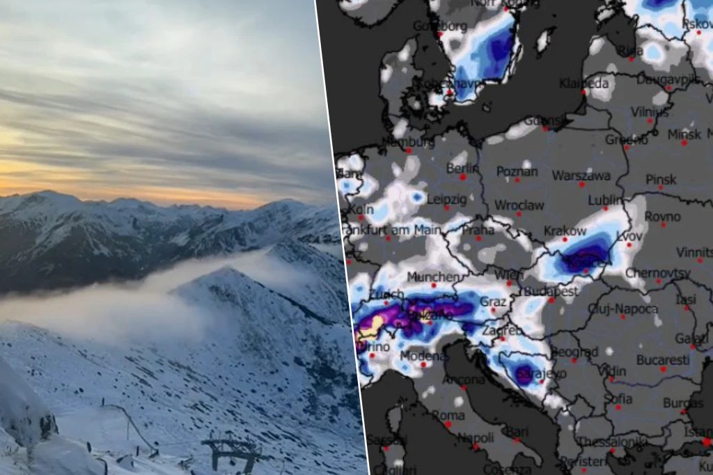 Zima dotarła już w Tatry. W piątek śnieżyce uderzą w niżej położone tereny w Małopolsce i Podkarpaciu Ośnieżone górskie szczyty oświetlone przez zimowe światło po lewej stronie oraz mapa Europy z zaznaczonymi strefami intensywnych opadów śniegu po prawej, wskazująca na aktualną lub prognozowaną sytuację pogodową.
