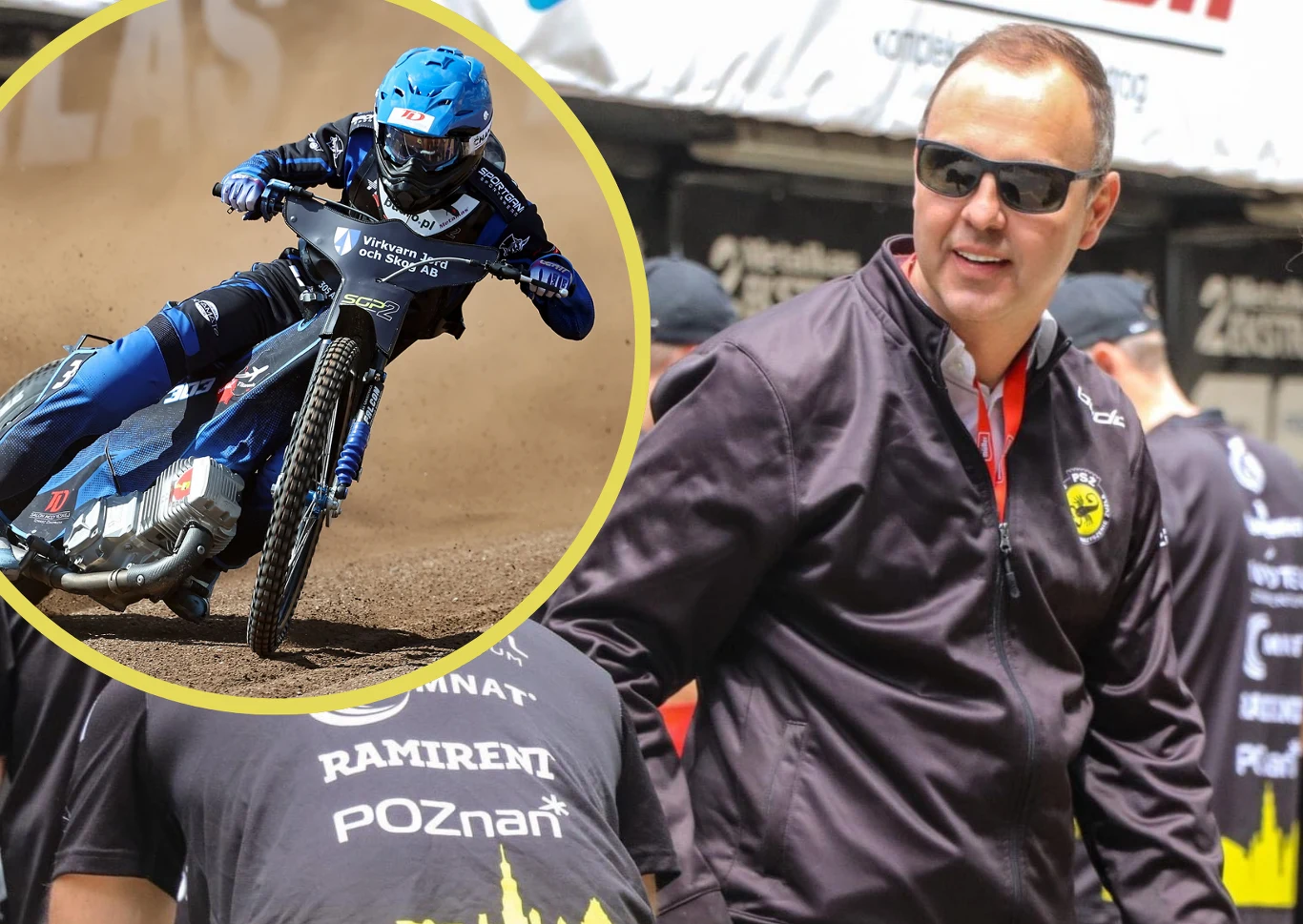 Prezes PSŻ Poznań rzutem na taśmę zbudował najlepszy skład w historii klubu. Zawodnik żużlowy w niebieskim kombinezonie wykonuje dynamiczny skręt na torze, obok niego w oddzielnej ramce mężczyzna w ciemnej kurtce i okularach przeciwsłonecznych oraz kilku innych członków zespołu z napisem Poznań na plecach.