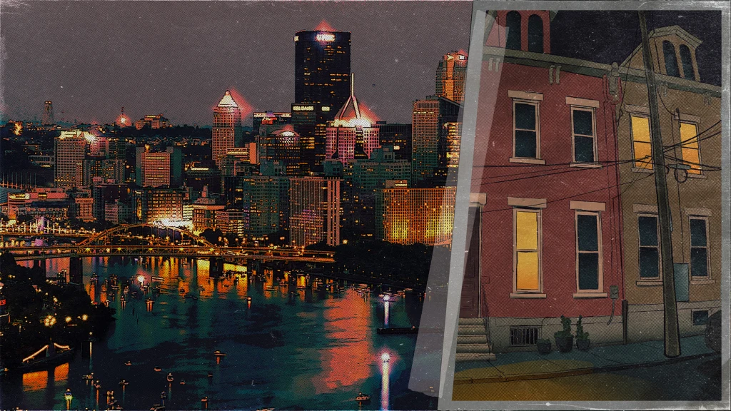 Panorama nocnego miasta z oświetlonymi drapaczami chmur nad rzeką, obok widoczny fragment czerwonego budynku mieszkalnego z wieloma oknami i schodami.