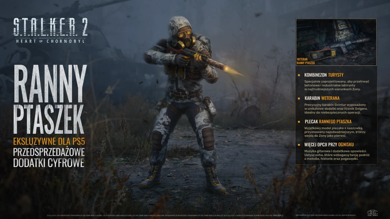Postać w kombinezonie ochronnym z maską przeciwgazową i karabinem, stojąca wśród mgły na opuszczonym terenie, otoczona mroczną atmosferą, po lewej stronie widoczne duże napisy promujące grę oraz informacje o dodatkach cyfrowych.