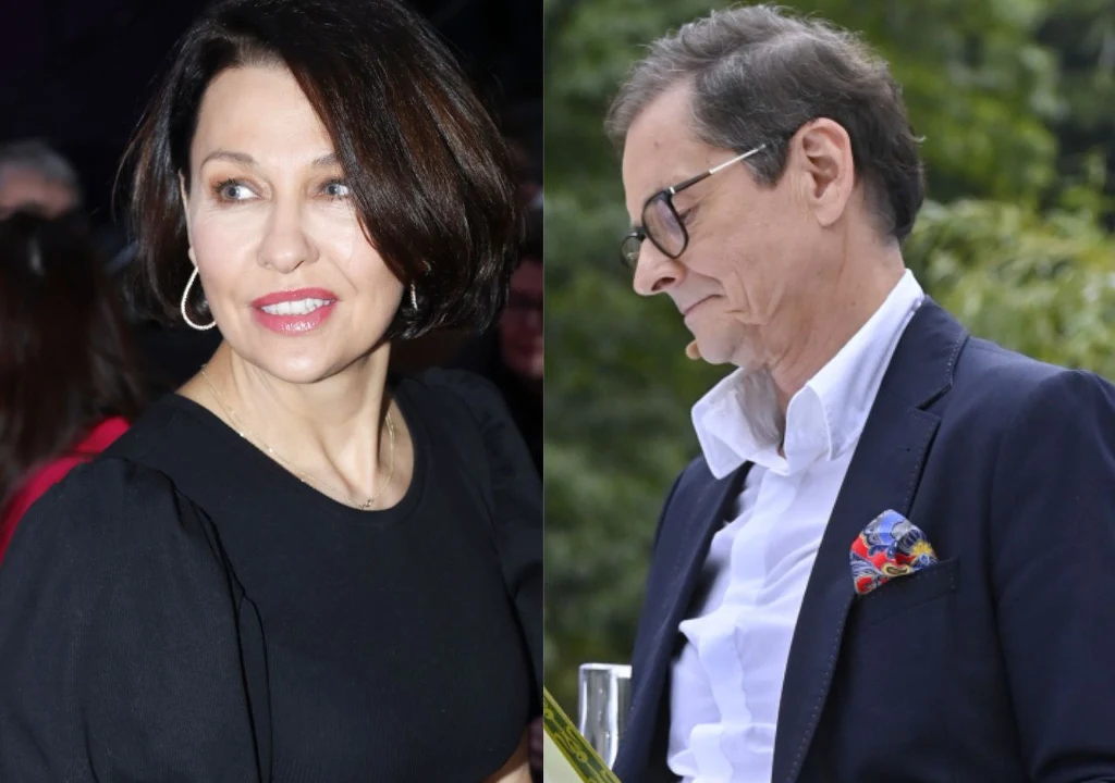 Dwie dorosłe osoby, kobieta w czarnej sukience z krótkimi włosami oraz mężczyzna w okularach, garniturze i białej koszuli stojące oddzielnie, każda z nich patrzy w inną stronę.