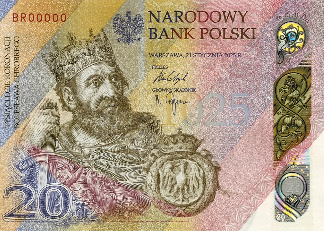 Tak wygląda przód kolekcjonerskiego banknotu Portret króla Bolesława Chrobrego w koronie oraz zbroi, ozdobiony bogatym tłem z motywami historycznymi i narodowymi. Po prawej stronie widoczne są elementy zabezpieczające, nominał oraz logo Narodowego Banku Polskiego.