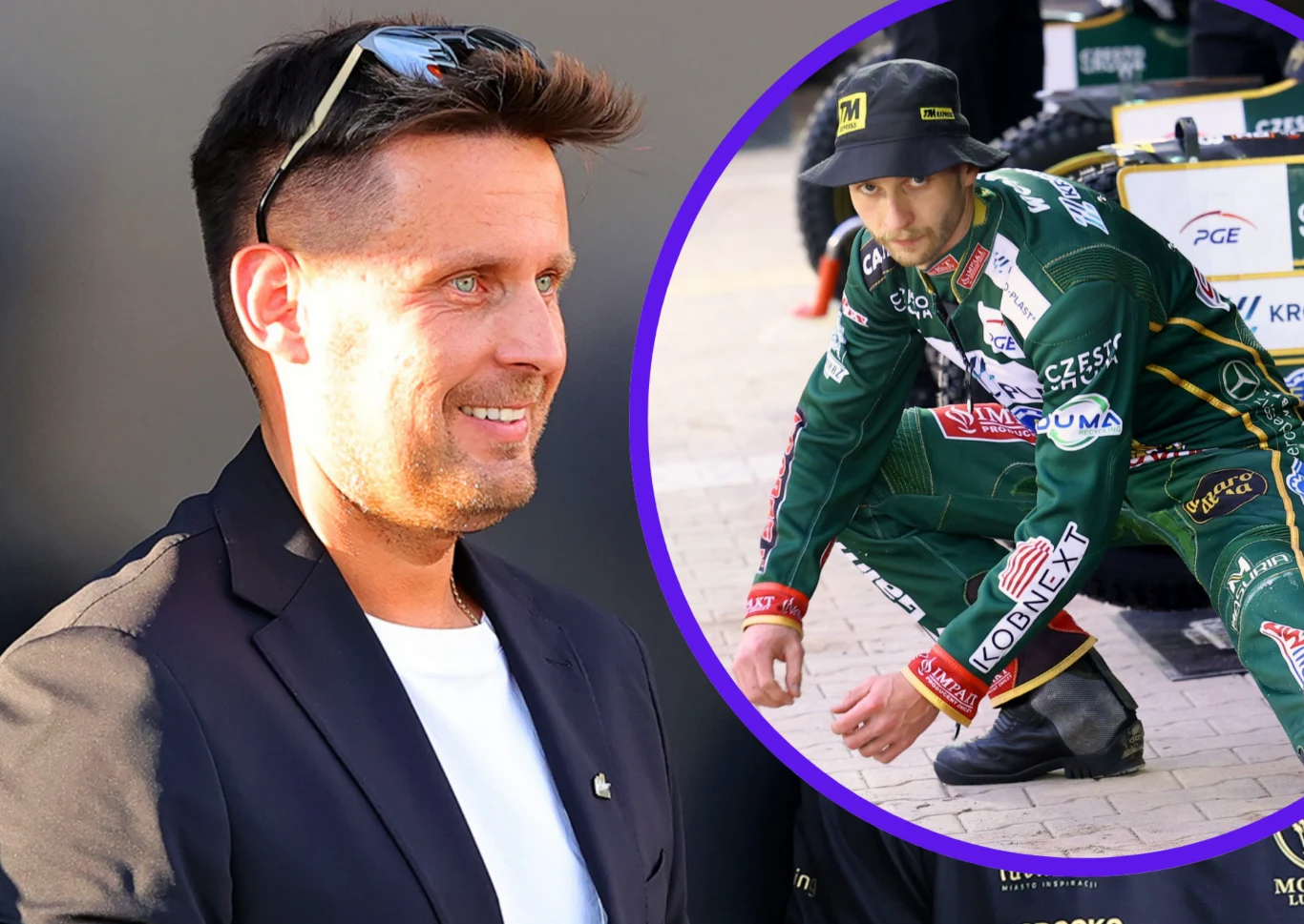 Prezes Jakub Kępa przekonał Kacpra Worynę. Polak nie zastanawiał się długo Mężczyzna w garniturze z okularami przeciwsłonecznymi na głowie stoi na tle neutralnym, obok widoczne powiększone okrągłe ujęcie sportowca w zielonym kombinezonie z logotypami sponsorów, klęczącego przy maszynie sportowej.