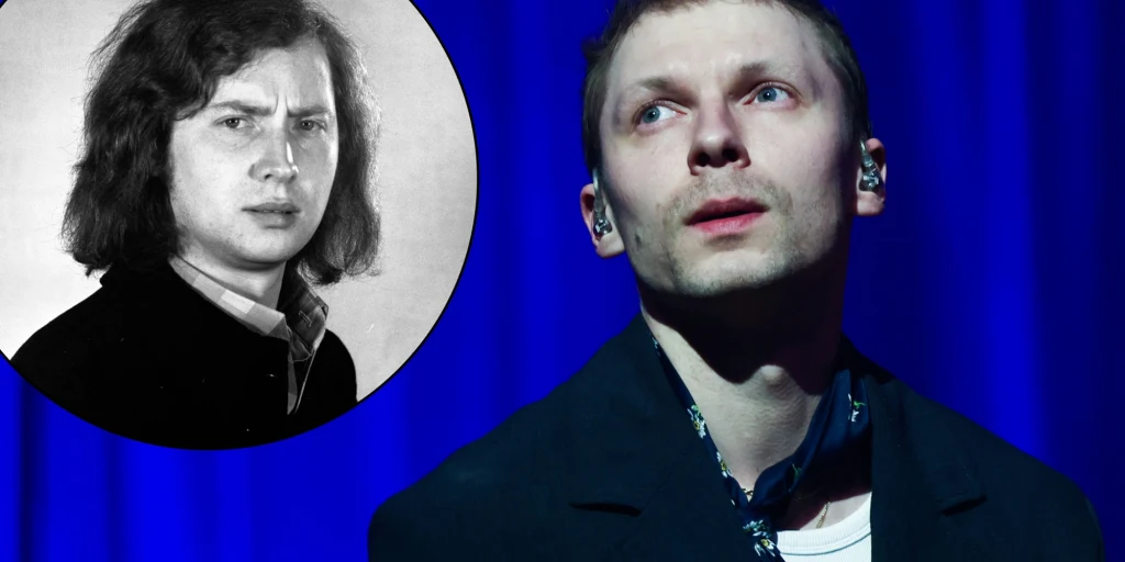 Igor Herbut zaprasza na serię koncertów "Grechuta Herbuta" Dwie osoby, jedna w czarno-białym portrecie umieszczonym w okrągłej ramce, druga w kolorze, z krótkimi włosami, ubrana elegancko, na tle niebieskiego światła scenicznego, patrząca lekko w górę.