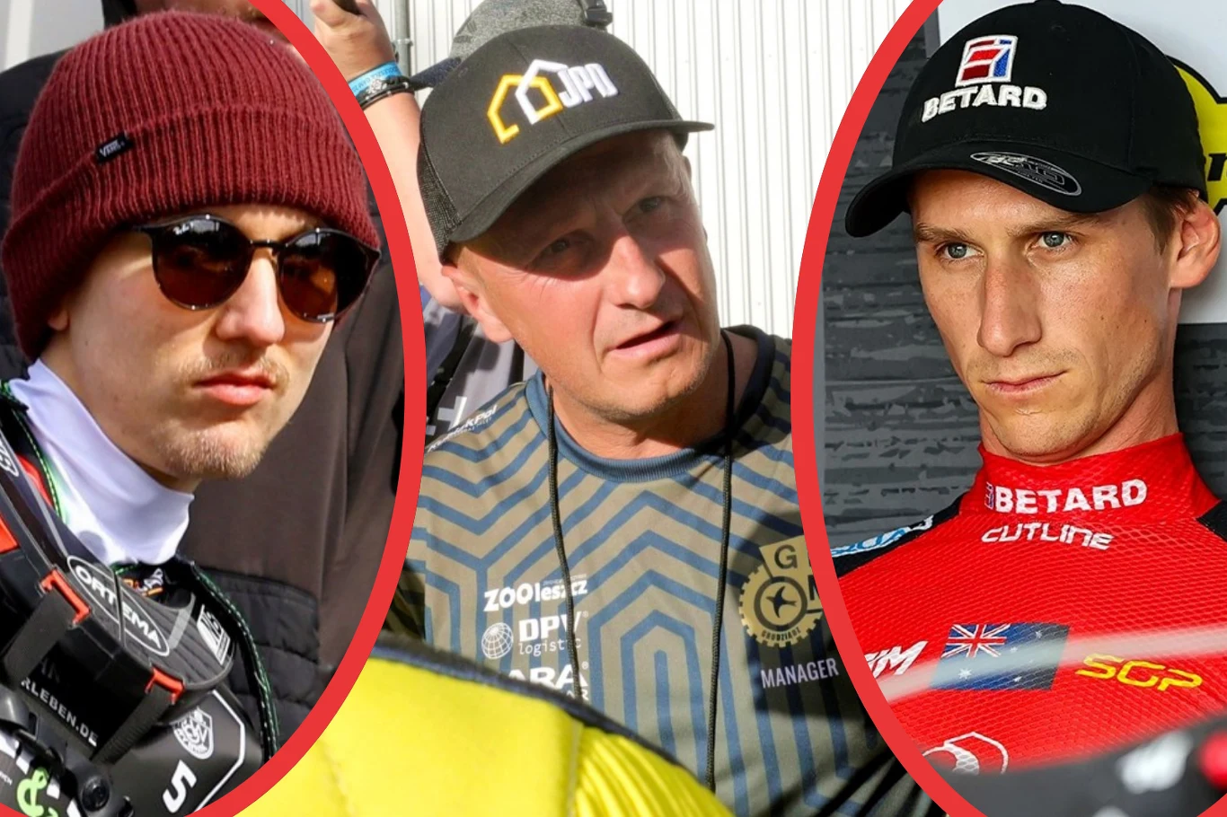 Przez to GKM może nie awansować do fazy play-off Trzech mężczyzn, każdy w osobnej ramce, ubranych w odzież sportową oraz czapki, na tle różnorodnych środowisk powiązanych z profesjonalnym sportem motorowym.