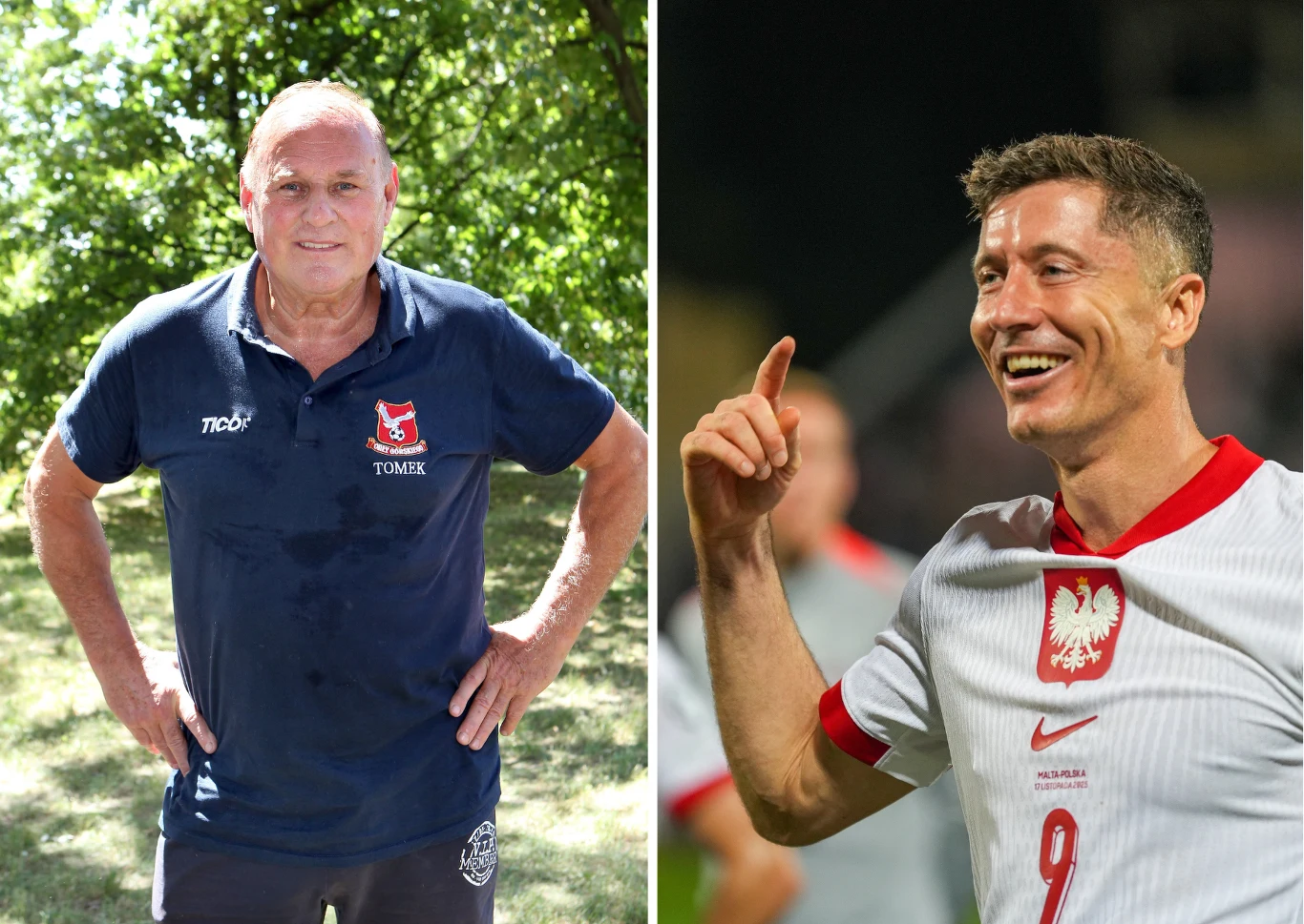 Jan Tomaszewski o szansach Polaków w barażach o awans do MŚ Po lewej mężczyzna w granatowej koszulce z napisem 'Tomek', stojący na zewnątrz na tle zielonych drzew. Po prawej piłkarz ubrany w biały strój z orłem na piersi i numerem 9, uśmiechnięty, unosi rękę w geście radości.