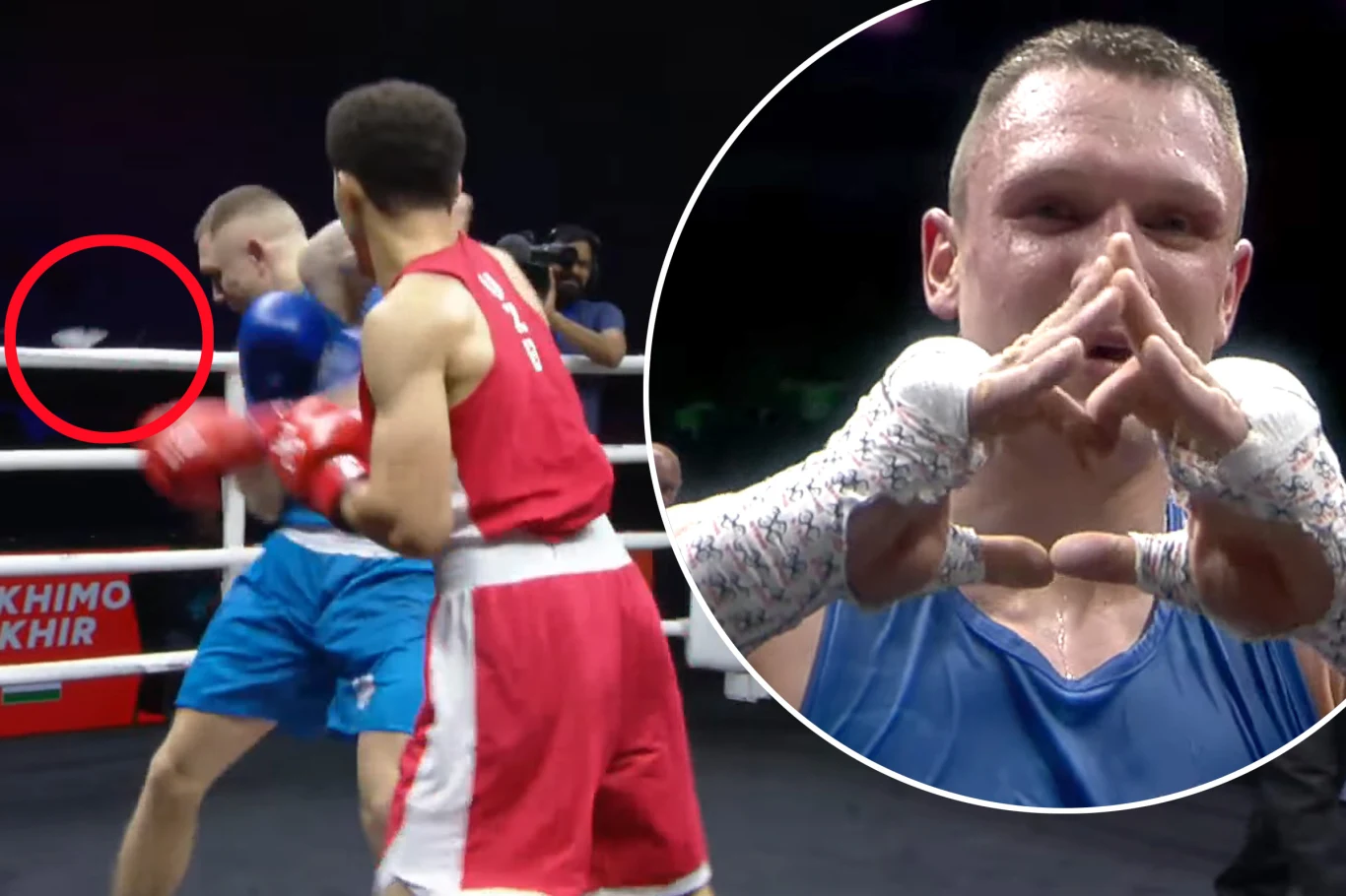 Dwóch bokserów w ringu podczas pojedynku, jeden w czerwonym stroju i drugi w niebieskim. W tle widoczny jest sędzia oraz operator kamery. Po prawej stronie powiększony kadr ukazuje zawodnika w niebieskim stroju wykonującego charakterystyczny gest dłońm...