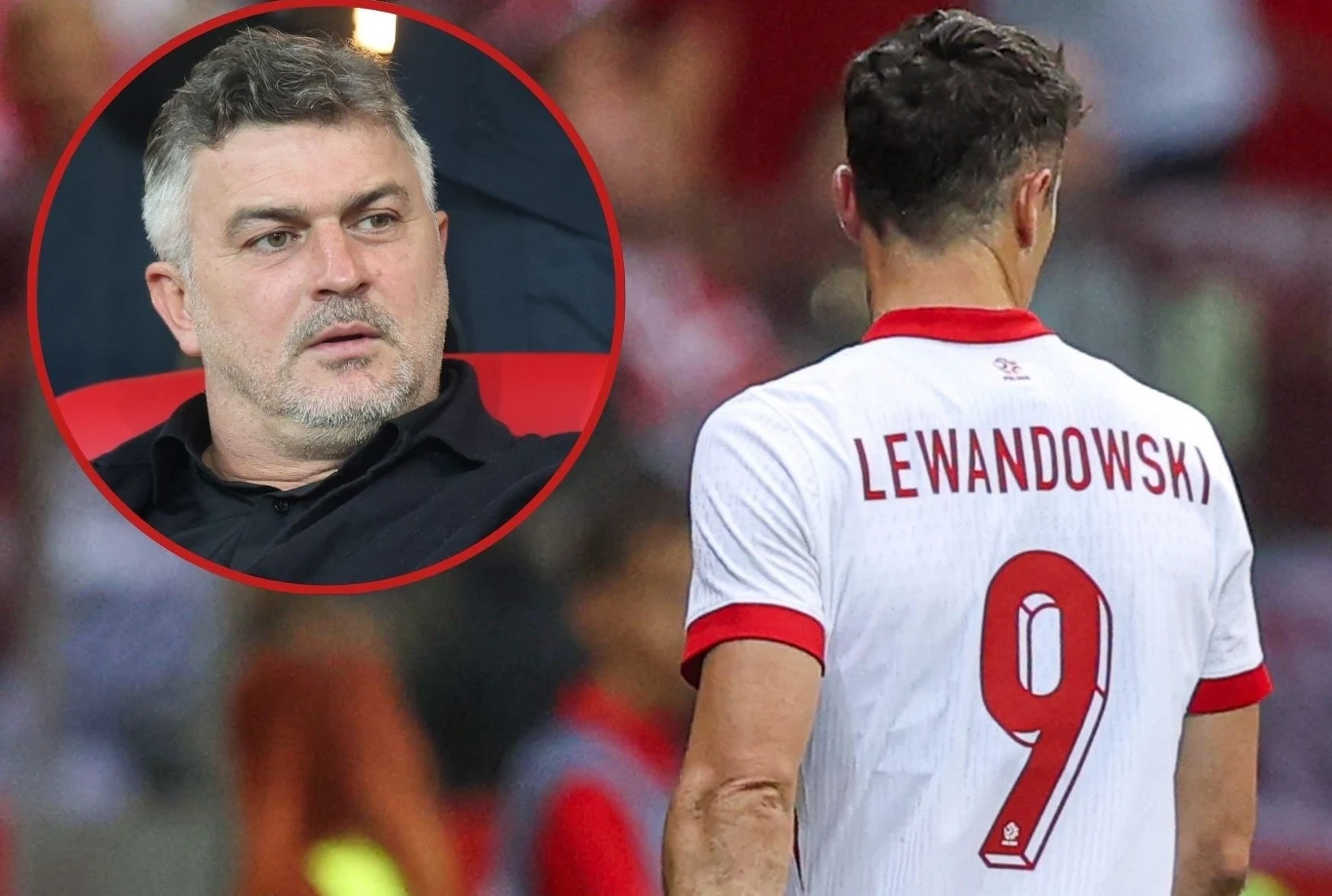 Michał Żewłakow (na małym zdj.) nie brał udziału w dyskusji na temat Roberta Lewandowskiego. "Oberwał" rykoszetem za brata Mężczyzna w piłkarskiej koszulce z nazwiskiem Lewandowski i numerem 9 podczas meczu, nałożone okrągłe zdjęcie innego mężczyzny z poważnym wyrazem twarzy, rozmyte tło stadionu.