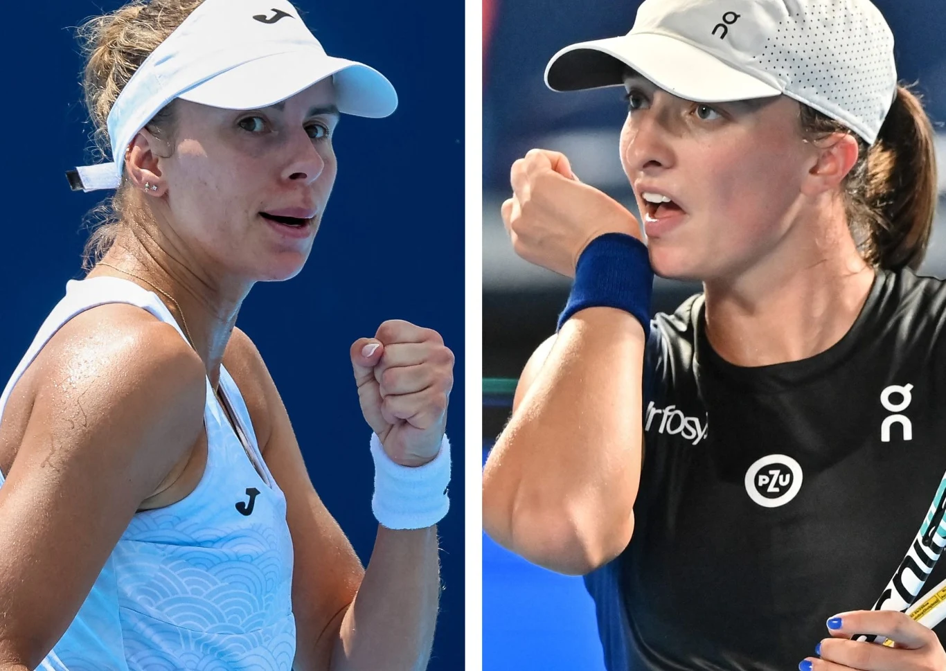 Dwie tenisistki w sportowych strojach z uniesionymi pięściami w geście zwycięstwa, każda w oddzielnej części zdjęcia, wyrażające sportową determinację i emocje podczas meczu.
