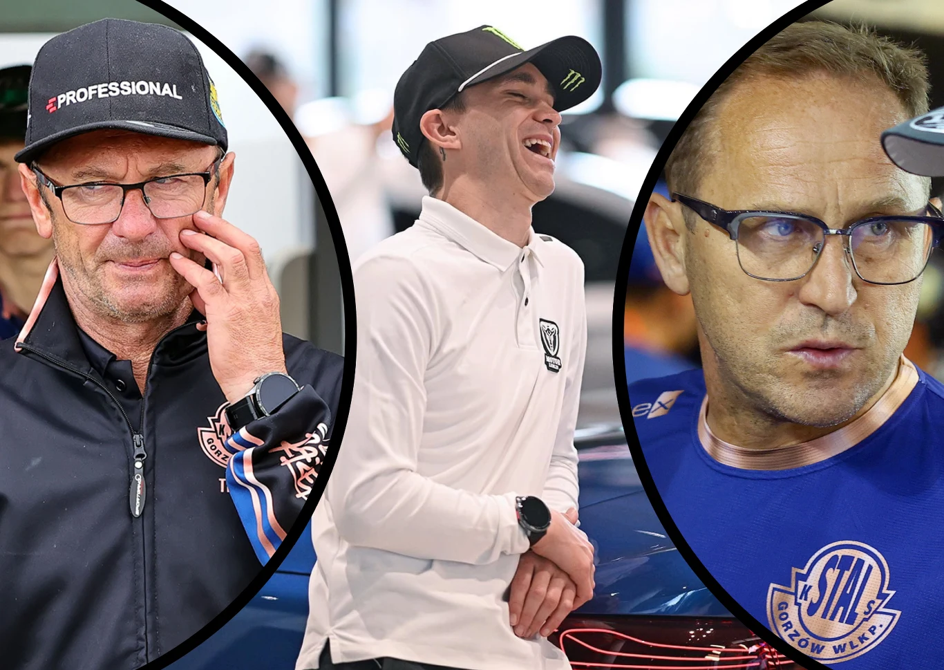 Jack Holder przywitał się z kibicami Stali Gorzów i zapowiedział walkę o play-off. Pytanie, z którym trenerem. Piotr Świst i Piotr Paluch mają po 50 procent szans na prowadzenie Stali w 2026. Trzy osoby w różnych kadrach, po lewej mężczyzna w czapce i okularach, pośrodku młody mężczyzna w koszulce polo i czapce z daszkiem, uśmiechnięty, po prawej mężczyzna w okularach i niebieskiej koszulce sportowej z logo klubu Stal Gorzów.