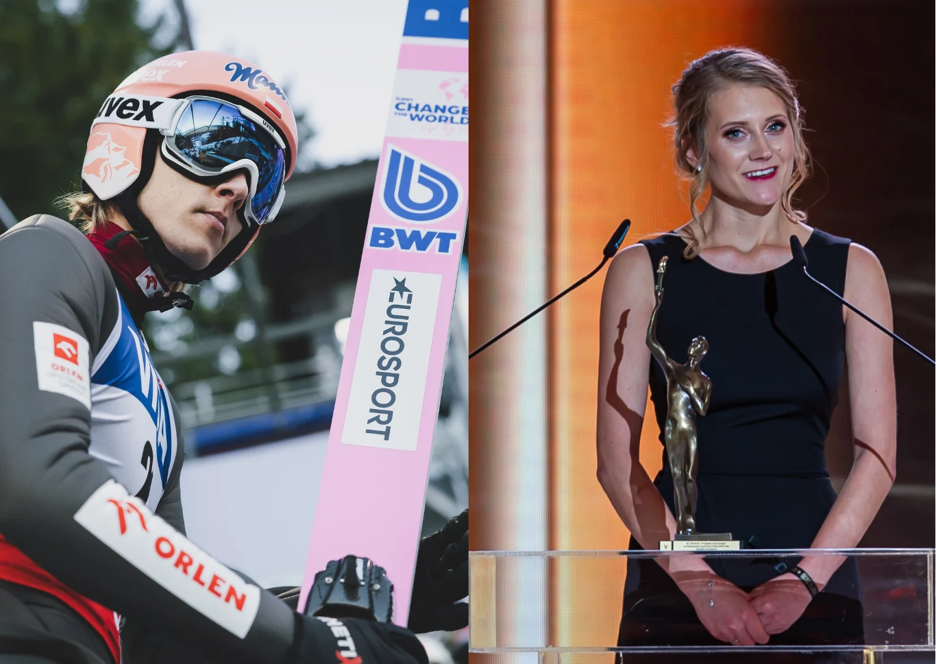 Dawid Kubacki i Marta Kubacka Po lewej stronie sportowiec w kombinezonie do skoków narciarskich z kaskiem i goglami, trzymający narty z widocznymi logotypami sponsorów. Po prawej elegancka kobieta w czarnej sukni przemawia przy mównicy, trzymając statuetkę.