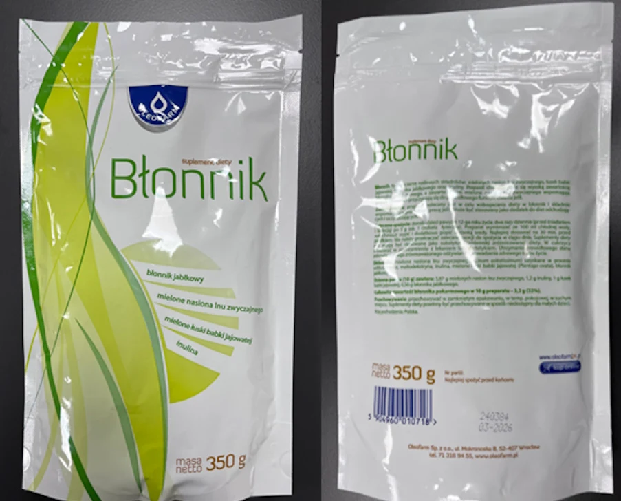 GIS informuje o zanieczyszczonym suplemencie diety Opakowanie suplementu diety Błonnik w białej torebce z zielonymi akcentami, widoczne logo producenta oraz szczegółowe informacje o produkcie i jego składnikach na odwrocie.