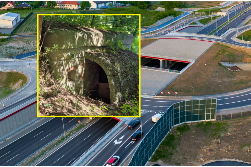 Nowoczesny węzeł drogowy z kilkoma poziomami i estakadami, otoczony ekranami dźwiękochłonnymi oraz zielenią, na wstawce widoczny stary, zarośnięty tunel lub przepust w lesie.