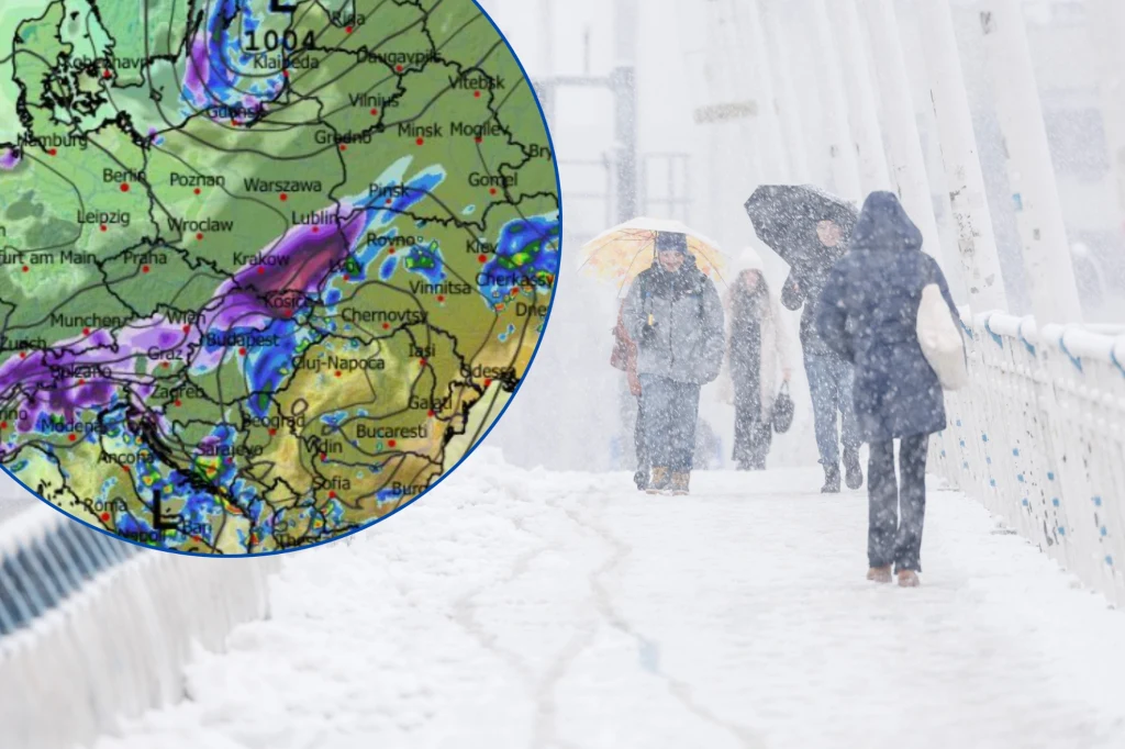 W Małopolsce i na Podkarpaciu pojawiły się śnieżyce. Nawet na niżej położonych terenach może spaść kilkadziesiąt centymetrów białego puchu. Zdjęcie w tle ilustracyjne Ludzie przechodzący przez most podczas intensywnej śnieżycy, niektórzy chronią się pod parasolami. W lewym górnym rogu widoczna kolorowa mapa pogodowa Europy z oznaczeniami frontów atmosferycznych i opadów.