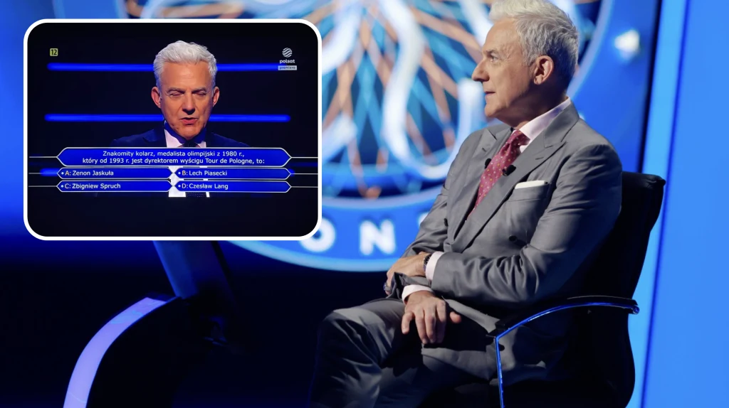 Uczestnik "Milionerów" poległ na tym sportowym pytaniu Prowadzący popularnego teleturnieju siedzi na scenie, ubrany w elegancki garnitur, w tle widoczne oświetlenie i charakterystyczna scenografia programu. W lewym górnym rogu znajduje się okienko zbliżenia na twarz prowadzącego oraz fragment pytania i odp...