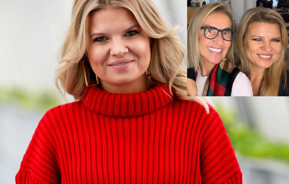 Kobieta o blond włosach ubrana w czerwony sweter uśmiecha się, w prawym górnym rogu dodane jest mniejsze zdjęcie dwóch uśmiechniętych kobiet, z których jedna nosi okulary.