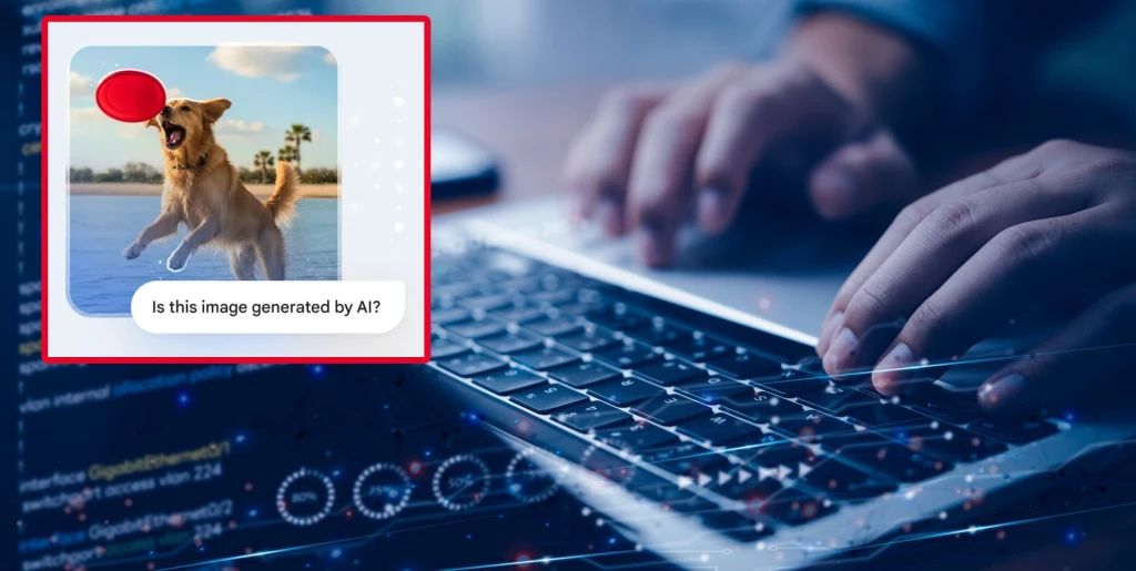 Czy to zdjęcie zostało wygenerowane przez AI? Wystarczy zapytać czatbota Gemini Ręce osoby pracującej na klawiaturze laptopa z wyświetlonym na ekranie kodem programistycznym, na pierwszym planie widoczne okno z psem łapiącym czerwonego frisbee oraz pytaniem o generowanie obrazu przez sztuczną inteligencję.