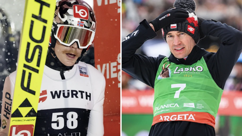 Robert Johansson powiedział, co sądzi o Kamilu Stochu Dwóch skoczków narciarskich podczas zawodów, po lewej stronie zawodnik w białym kombinezonie z numerem 58, trzymający narty, a po prawej zawodnik w zielonym plastronie z numerem 7, przygotowujący się do startu.