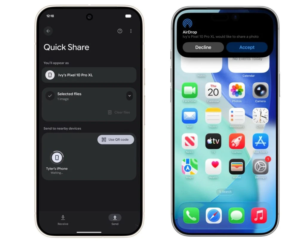Szybkie udostępnianie z Androida na Google Pixel 10 zgodne z AirDrop dla iPhone'ów. Dwa smartfony, po lewej urządzenie z włączoną funkcją bezprzewodowego przesyłania plików Quick Share, a po prawej iPhone z widocznym ekranem głównym i powiadomieniem AirDrop do przyjęcia lub odrzucenia pliku.