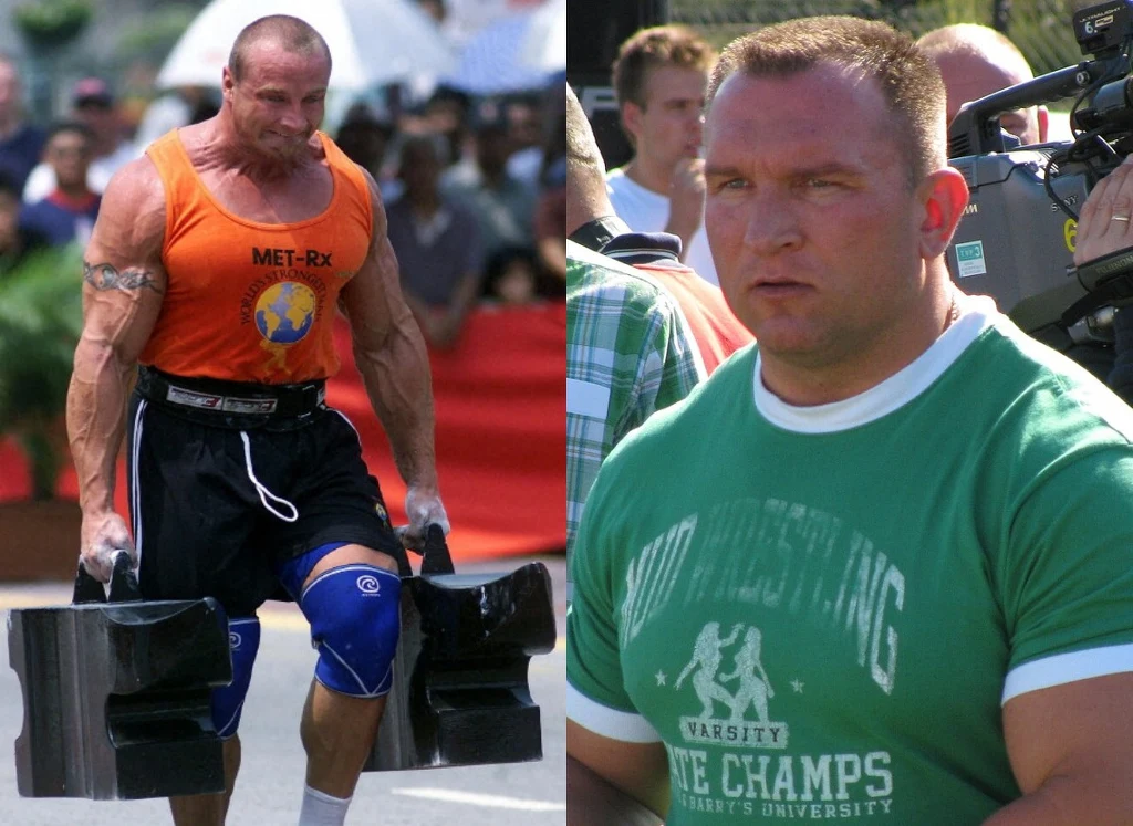 Mariusz Pudzianowski i Jarosław Dymek byli rywalami przez wiele lat Dwóch umięśnionych mężczyzn, jeden z nich ubrany w pomarańczową koszulkę niesie ciężkie metalowe walizki podczas zawodów strongman, drugi stoi w zielonej koszulce w tłumie ludzi.