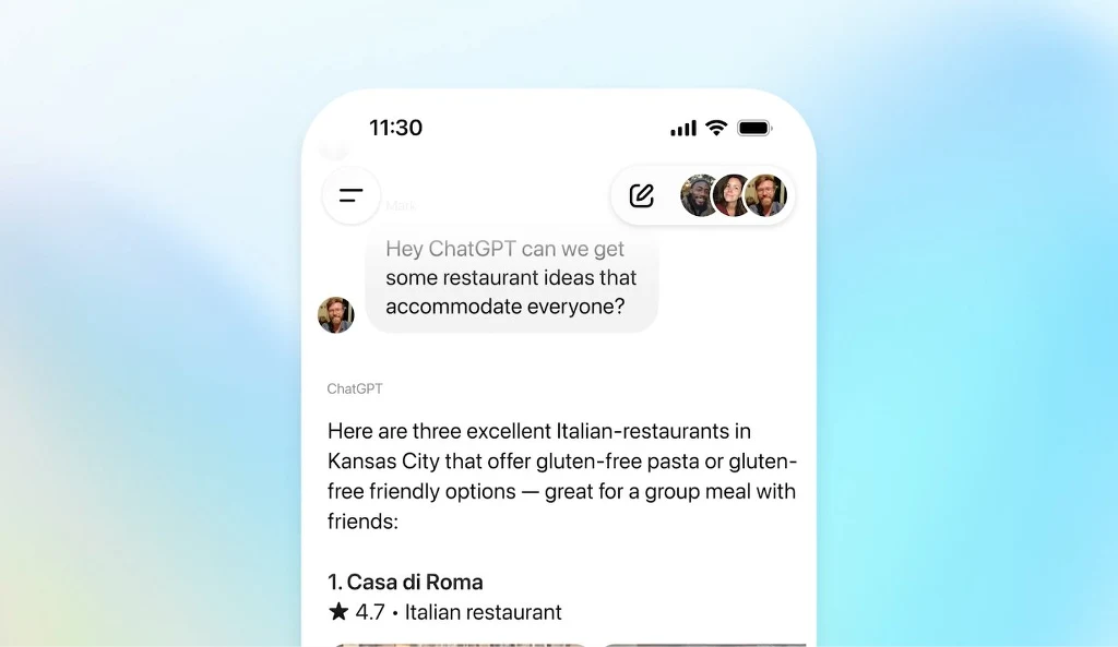 Zrzut ekranu smartfona z otwartą aplikacją czatu, w której użytkownik prosi o propozycje restauracji. Na ekranie pojawia się odpowiedź z trzema rekomendowanymi włoskimi restauracjami w Kansas City, każda z oceną i krótką charakterystyką. U góry ekranu ...