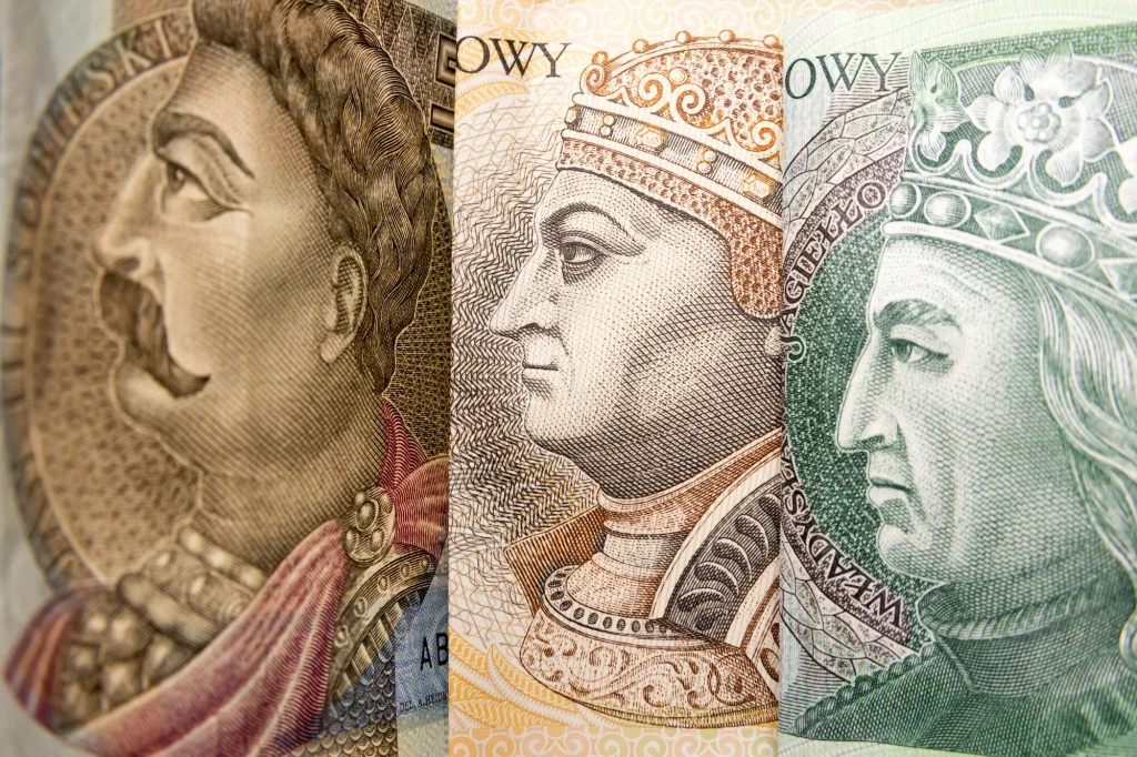 Czy będzie banknot 1000 zł? W 2021 roku jego wprowadzenie sugerował prezes Narodowego Banku Polskiego Adam Glapiński. Fragmenty polskich banknotów z wizerunkami historycznych monarchów, wydrukowane szczegółowo i kolorowo, pokazujące różnorodne elementy zabezpieczeń oraz ornamentów charakterystycznych dla polskiej waluty.