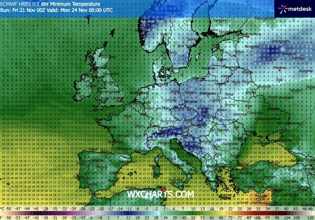 W nocy z niedzieli na poniedziałek na południowych krańcach Polski możliwy będzie nawet dwucyfrowy mróz Mapa Europy z kolorystyczną wizualizacją minimalnych temperatur przy powierzchni gruntu, wartości liczbowe podane w różnych punktach, barwy wskazujące rozkład temperatur od niskich na północy do wyższych na południu kontynentu.