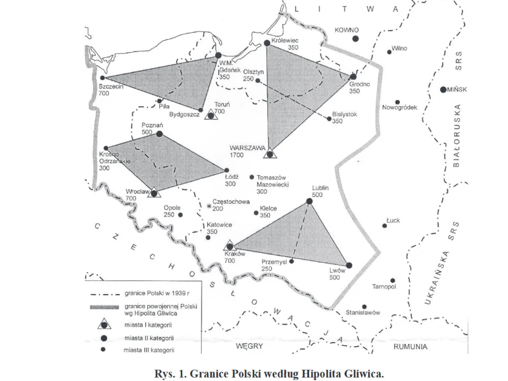 Mapa Polski pokazująca granice państwa według Hipolita Gliwicza z podziałem na trzy strefy zacieniowane, oznaczenie miast I i II kategorii oraz główne granice Polski po 1959 roku i wcześniejsze granice państwowe. Dodane są sąsiednie kraje oraz główne m...