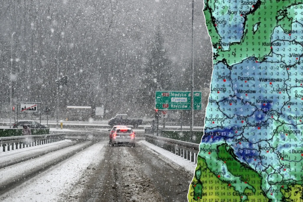 Śnieżyce nie znikną do końca weekendu. Tuż po nim lokalnie zrobi się bardzo zimno: na terenach podgórskich temperatury mogą spaść do poziomu poniżej -9 stopni Celsjusza Samochód jadący zaśnieżoną drogą w trakcie intensywnych opadów śniegu, widoczne znaki drogowe oraz fragment mapy pogodowej z prognozami temperatur dla centralnej Europy.