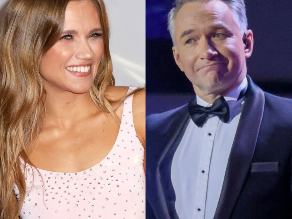 Agnieszka Kaczorowska, Rafał Patyra Po lewej kobieta o długich, jasnych włosach uśmiecha się, ubrana w jasnoróżową sukienkę z cekinami. Po prawej mężczyzna w smokingu z białą koszulą i muchą, o poważnym wyrazie twarzy.