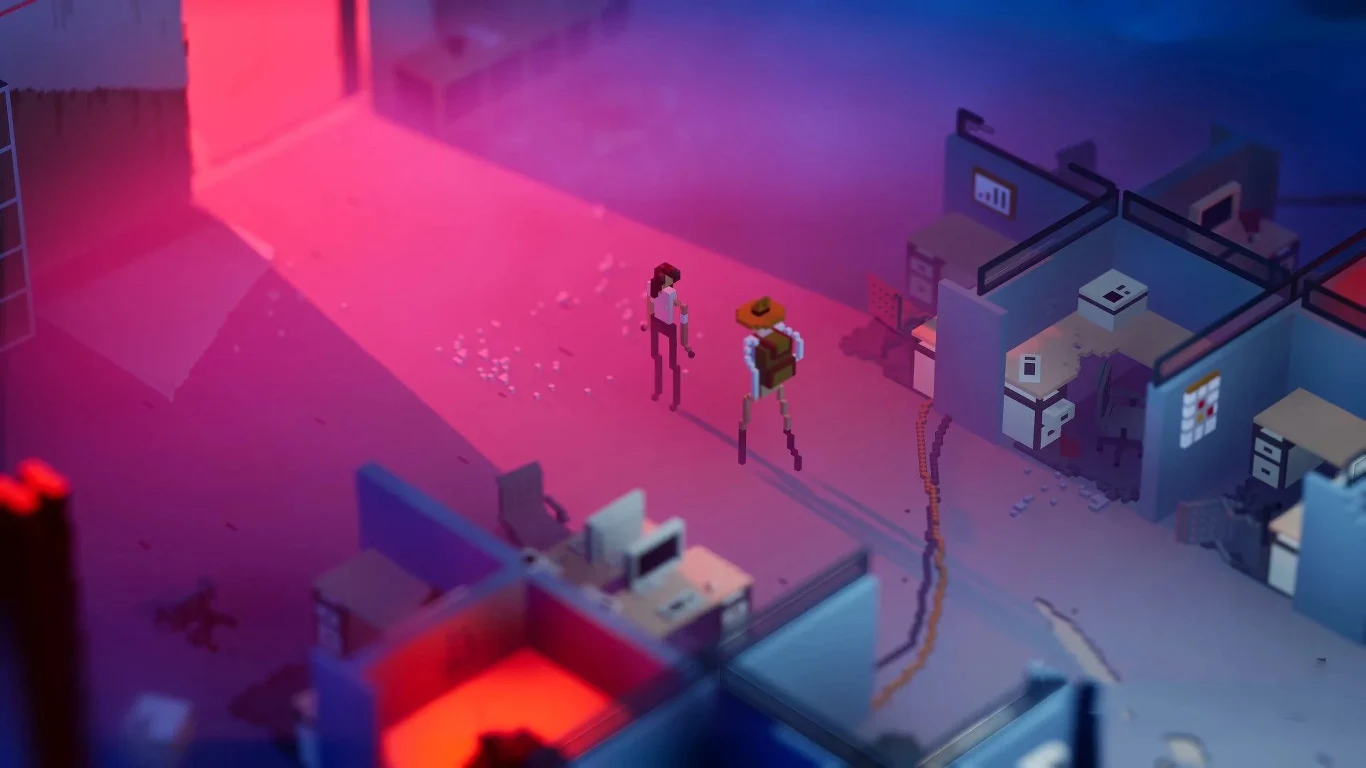 Erosion Dwie postacie stoją naprzeciwko siebie w opustoszałym biurze, oświetlonym intensywnym światłem padającym z otwartego wejścia; przestrzeń wokół nich jest półmroczna i pełna komputerów oraz biurek.