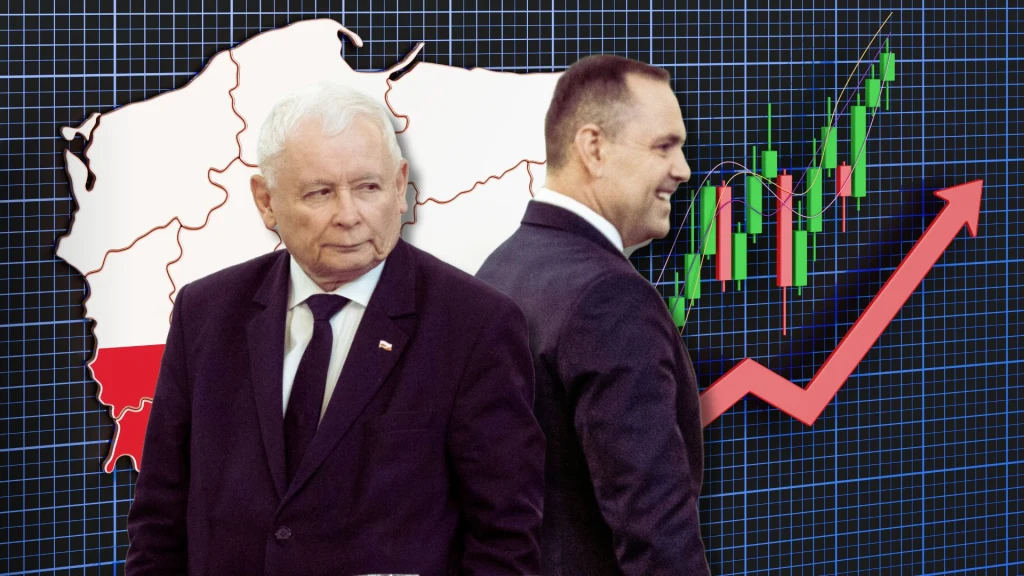Dwóch mężczyzn w garniturach na tle mapy Polski oraz wykresu finansowego z zielonymi i czerwonymi słupkami oraz strzałką skierowaną w górę, co sugeruje wzrost gospodarczy.