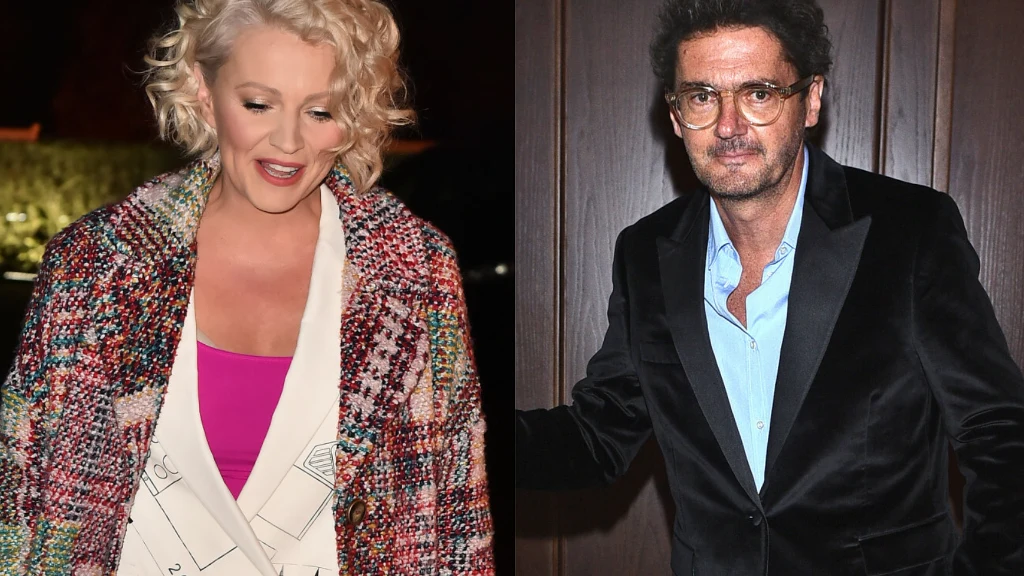 Dorota Szelągowska i Kuba Wojewódzki. Dwie osoby w eleganckich strojach, kobieta o jasnych, kręconych włosach w kolorowym płaszczu i różowej bluzce oraz mężczyzna z ciemnymi włosami i brodą w czarnej marynarce i niebieskiej koszuli, stoją osobno na różnych tłach.