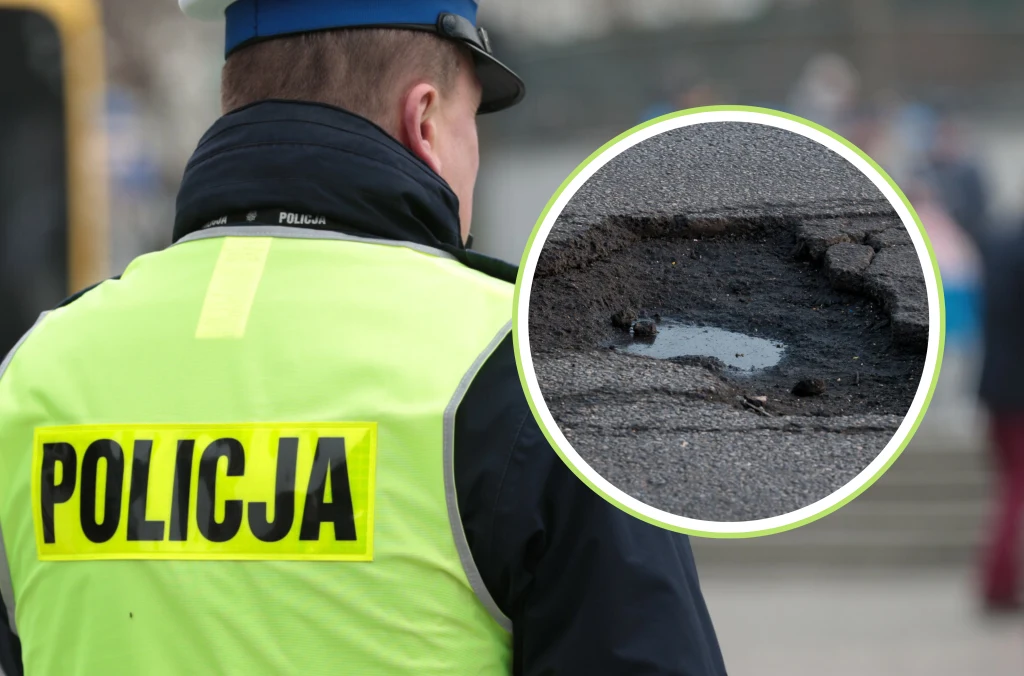 Niebezpieczna dziura na S1 w Dąbrowie Górniczej. Są poważne utrudnienia Funkcjonariusz policji w kamizelce odblaskowej z napisem 'Policja' na plecach stoi na ulicy, obok widoczne powiększenie dziury w asfalcie wypełnionej wodą.