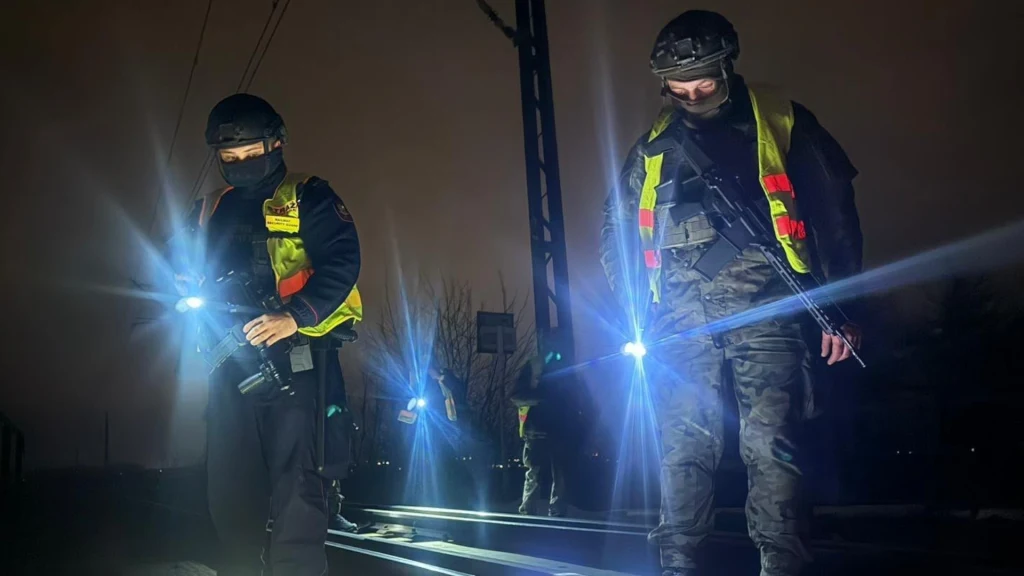 Dwóch funkcjonariuszy w mundurach i odblaskowych kamizelkach przeszukuje tory kolejowe nocą z latarkami w dłoniach, światło oświetla fragmenty torów, otoczenie pogrążone w ciemności.