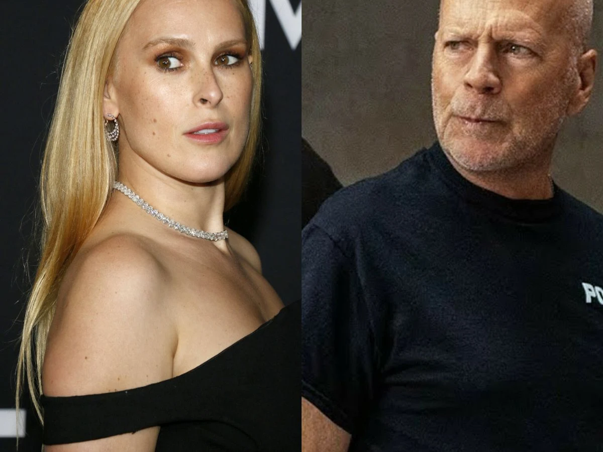 Rumer Willis, Bruce Willis Portret dwóch dorosłych osób, kobiety w eleganckiej, czarnej sukni i mężczyzny w czarnym T-shircie z napisem na ramieniu, ustawionych obok siebie na neutralnym tle.
